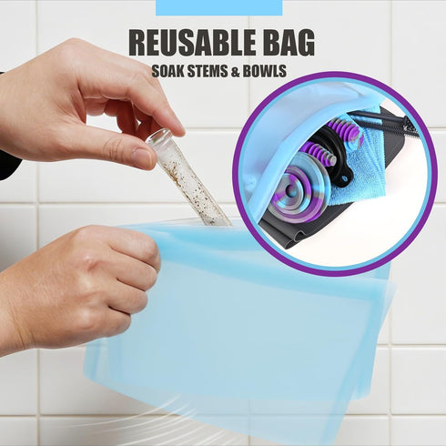Sjxsimwoo Glass Cleaning Kit, Reusable Silicone Kit, Includes Soaking Bag, Brush, Pad, Lid, Stopper, Funnel