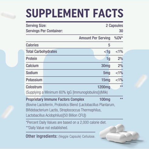 Bovine Colostrum Capsules Supplement 1300mg - Extra High 60% IgG Bovine Colostrum - Gut, Bone, Exercise, Immune - 60 Capsules