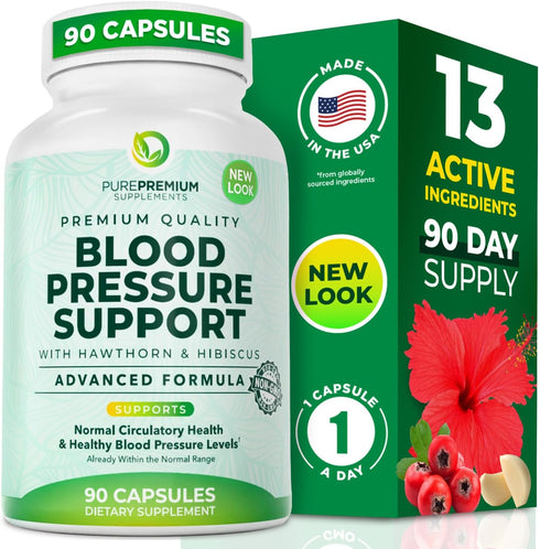 PurePremium Blood Pressure Supplements - Nitric Oxide Support with Hawthorn Berry, Hibiscus, Garlic & Vitamin B12 - 90ct