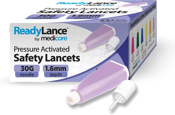 Pressure Activated Safety Lancets, 100 Count, 30Gx1.6MM, Purple