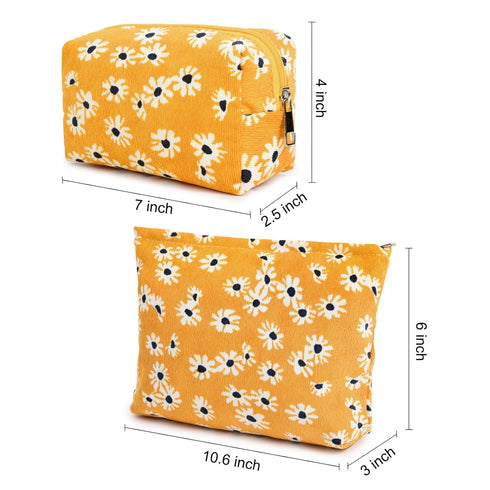 2 Pieces Little Flower Makeup Bag, Large Capacity Canvas Travel Toiletry Organizer for Women