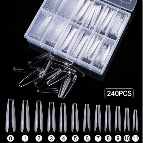 LoveOurHome XL Coffin Acrylic Nail Tips - 240pc Ballerina Shaped Full Cover Artificial Fingernails for Nail Extension