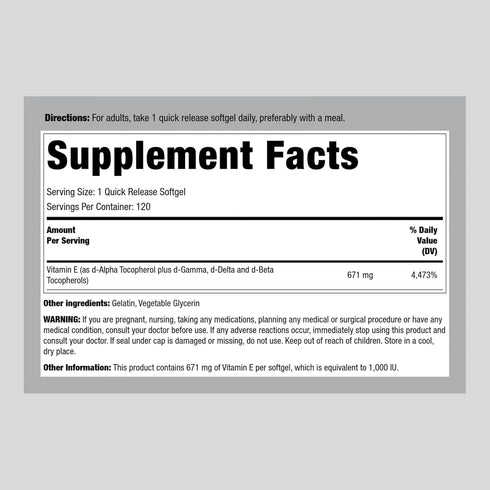 Piping Rock Vitamin E 1000 IU Softgels | 120 Count | with D-Alpha and Mixed Tocopherols | Gluten Free, Non-GMO Supplement