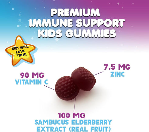 Children's Daily Immune Support Gummies, Real Elderberry + Vitamin C & Zinc for Healthy Immune System, 120 Gummies