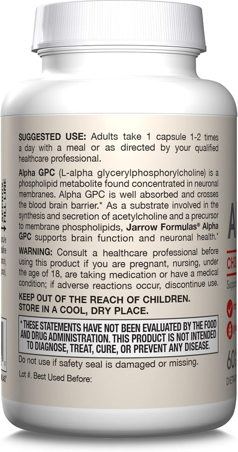 Jarrow Formulas Alpha GPC, 300mg, Dietary Supplement, Brain Health Supplements for Adults, 60 Veggie Capsules