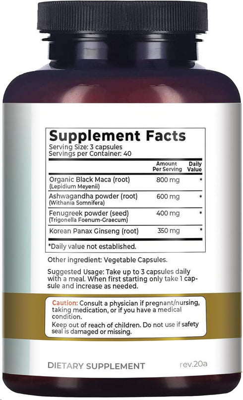 Why Not Natural 4-in-1 Organic Black Maca Root, Ashwagandha, Fenugreek, Panax Ginseng Capsules - 120 Count