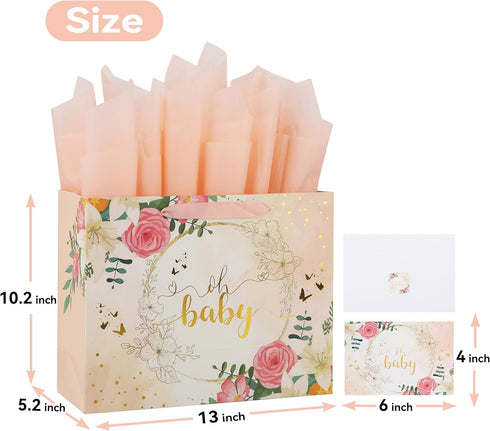 13" Large Light Orange Gift Bag Set with Greeting Card & Tissue Paper (Gold Foil ‘Oh Baby’) for Baby Shower, 1 Pcs