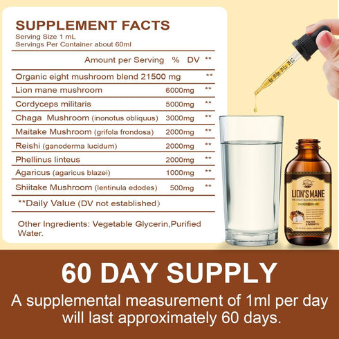 Lions Mane Supplement, Liquid Mushroom Extract Drops, 8 Mushrooms Complex for Immune System, Memory & Focus Boost, 2 Fl