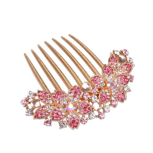 Women Pink Rhinestone Inlaid Flower Hair Comb Barrette Accessory - Perfect Mother's Day Gift for Mom