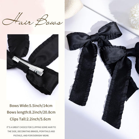 VOBOBE 2PCS Black Hair Bows for Women Girls, Tassel Hair Ribbon Bowknot Clips Barrettes with Long Tail