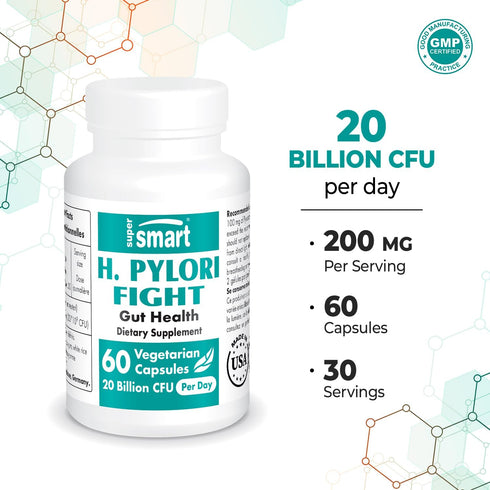 Supersmart H. Pylori Fight Natural Treatment, 20 Billion CFU Probiotic Lactobacillus Reuteri, 60 Vegetarian Capsules