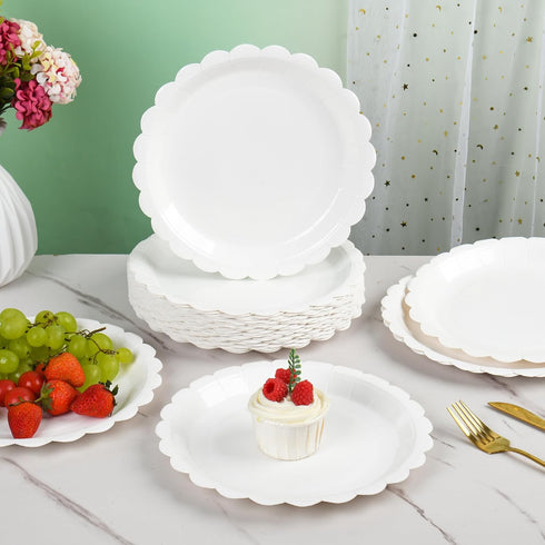 Houuqe 24 9 Inch Pieces White Paper Plates Scalloped Dessert Plates Disposable White Cake Plate for Baby Shower
