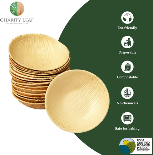 Disposable Palm Leaf 3.5" Round Mini Bowl, 25 pcs Dipping Bowls, All Natural and Biodegradable
