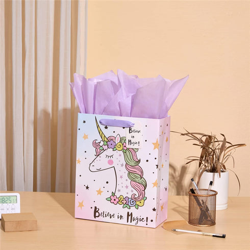 Bobobag 13" Large Gift Bag with Tissue Paper for Girls Happy Birthday Gift Bags (Unicorn)