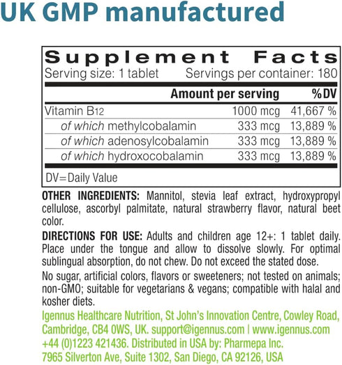 Super B12-Complex 1000mcg, 180 Servings, Sublingual & Methylated Vitamin B12, Vegan, Clean Label, Sugar-Free Melts