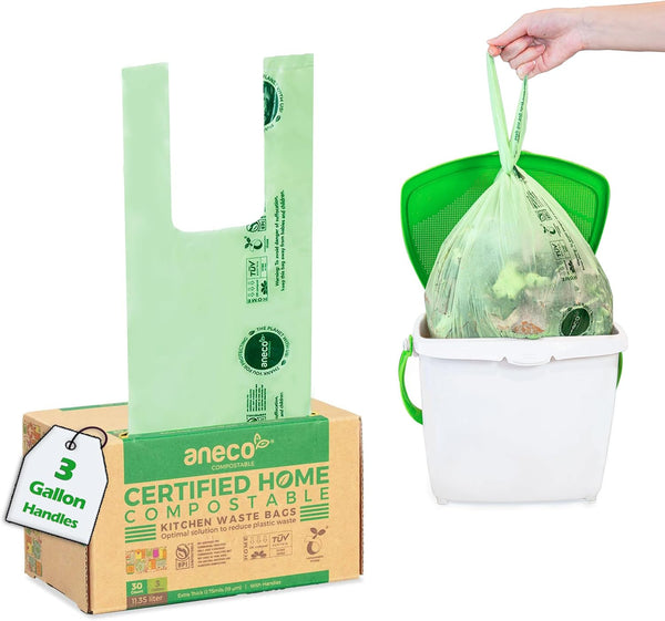 ANECO Compostable Food Waste Bags, 3 Gallon with Handles, 30 Count, BPI Certified
