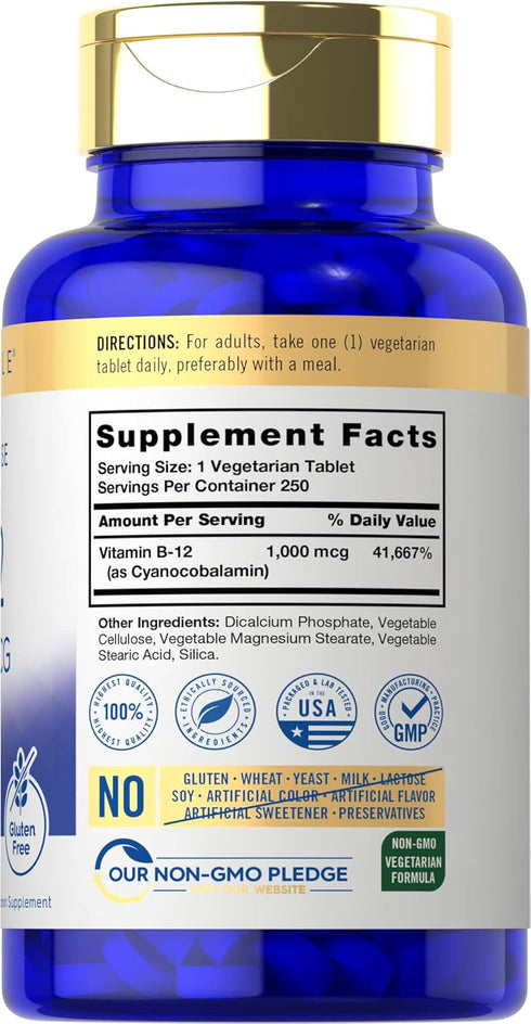 Carlyle Vitamin B12 10C00 mcg | 250 Count | Time Release Tablets | Cyanocobalamin | Vegetarian, Non-GMO, and Gluten Free Supplement