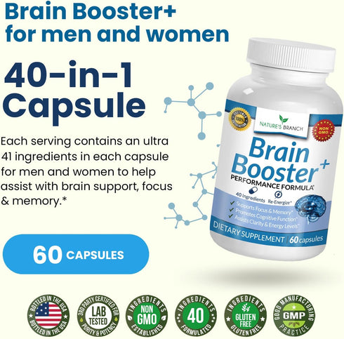 40-in-1 Brain Booster Supplement for Focus, Memory, Clarity, Energy, 60 Capsules with Advanced Vitamins for Nootropic