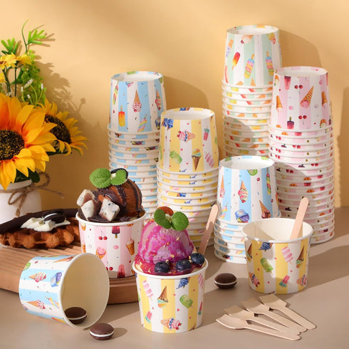Ninehaoou 200 Sets 6 oz Frozen Ice Cream Cups Bulk with Spoons Disposable Dessert Bowls Colorful Ice Cream Bowls