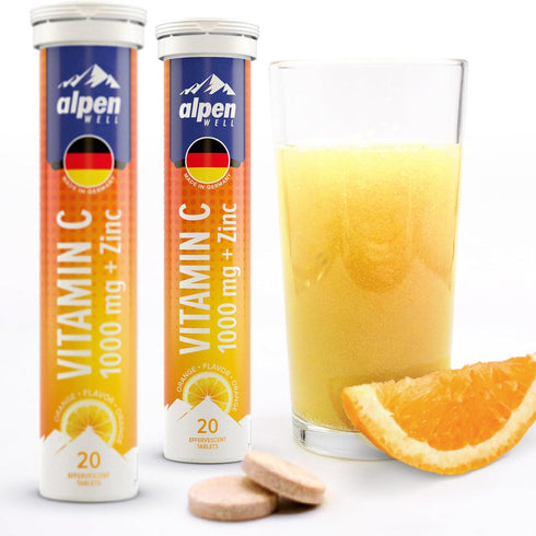AlpenWell Vitamin C - 1000mg + Zinc - Immune Support Effervescent Vitamin Drink Tablet, Orange Flavor