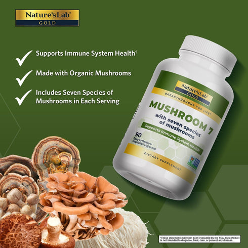 Nature's Lab Mushroom 7 Organic Blend, Supports Immune System and Cell Function, 90 Capsules (45 Servings)