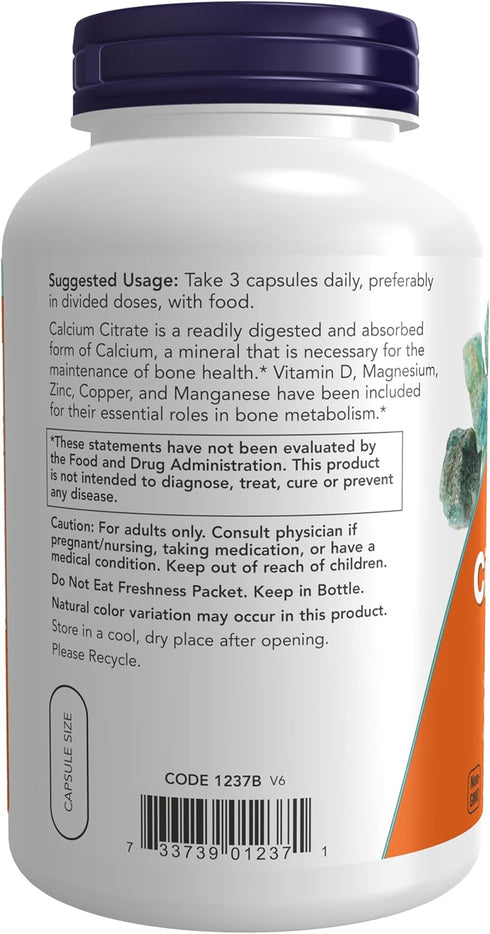 NOW Supplements Calcium Citrate with Vitamin D, Magnesium, Zinc, Copper, Manganese, 240 Veg Capsules