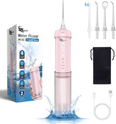 Mini Portable Water Flosser, Telescopic Tank, 4 Modes, IPX7 Waterproof, Teeth Cleaner for Home & Travel (Pink)