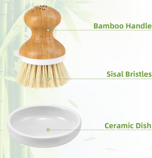 SUBEKYU Bamboo Dish Brush, Natural Wooden Dishwashing Scrubber for Cleaning Dishes, 1 Set