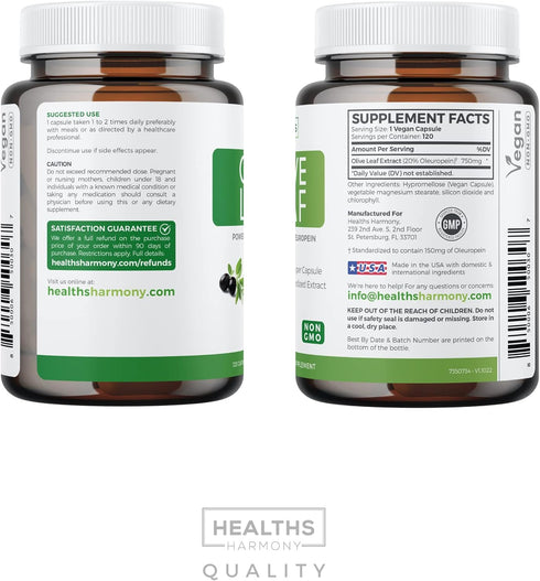 Olive Leaf Extract (Non-GMO) Super Strength 20% Oleuropein - 750mg Vegetarian Immune Support Supplement, 120 Capsules