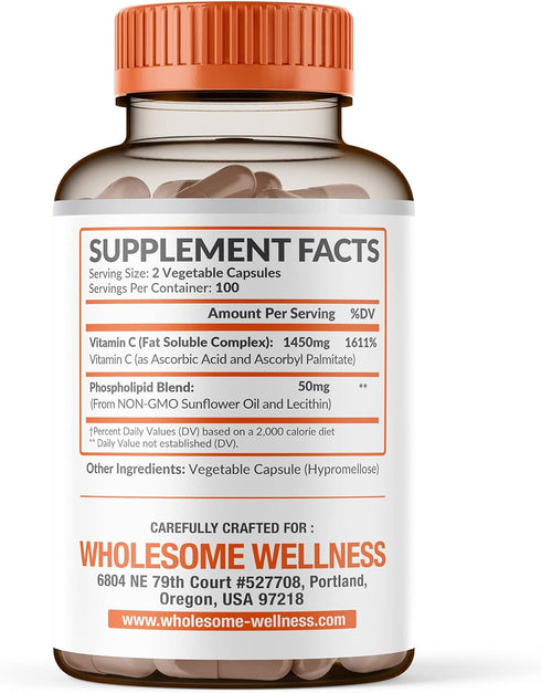 Wholesome Wellness Liposomal Vitamin C Capsules - 200 Pills 1500mg Buffered, High Absorption Immune Support