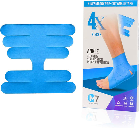 M7 Sport Kinesiology Ankle Tape, 4-Pack, Blue - Pain Relief Therapeutic Tape for Ankle Sprain, Injury Recovery, Plantar