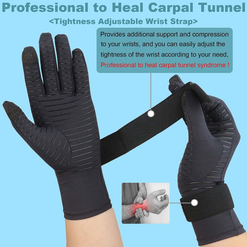 Copper Arthritis Gloves, Adjustable Wrist Strap Full Finger Compression Gloves for Pain Relief