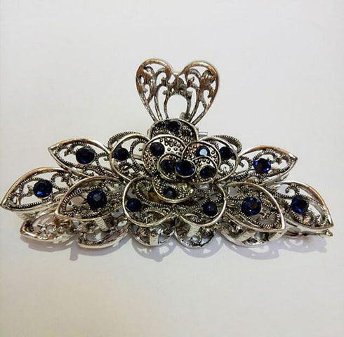 Women Fashion Retro Metal Alloy Rhinestone Large Size Fancy Hair Claw Jaw Clips for Thick Hair (Ink-Blue Colour 1)