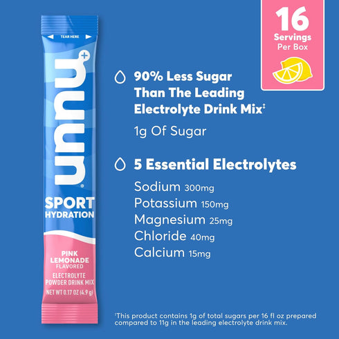 Nuun Sport Electrolyte Powder Packets, Pink Lemonade Flavor, 16 Single Serving Sticks, 5 Essential Electrolytes for