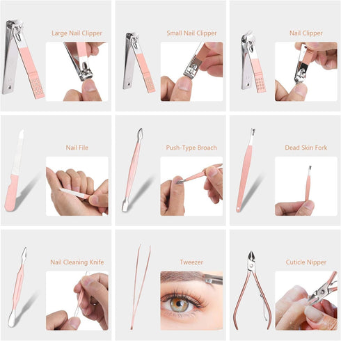Nail Clippers for Men Women 18 In 1 Stainless Steel Nail Kit with Leather Case (Rose Gold)