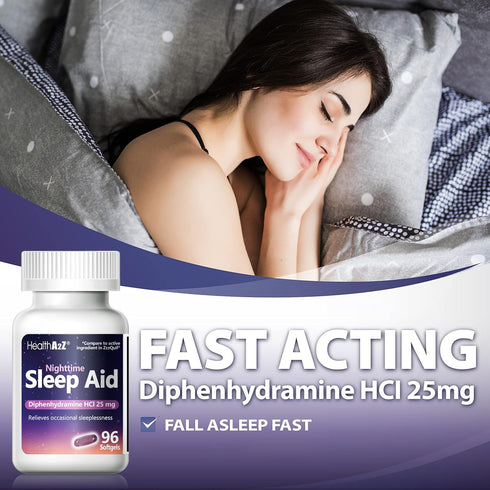 HealthA2Z 25mg (96 Sleep Aid, Diphenhydramine HCl Softgels, Supports Deeper, Restful Sleeping, Non Habit-Forming