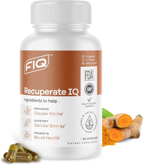 FIQ - Recuperate IQ - 5-in-1 Copper Supplements with Copper Bisglycinate, Easy-to-Swallow 2 mg Capsules, 60 Capsules