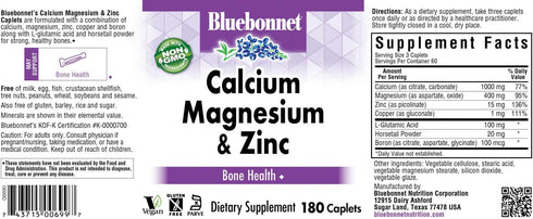 BlueBonnet Calcium Magnesium Zinc Caplets, 180 Count