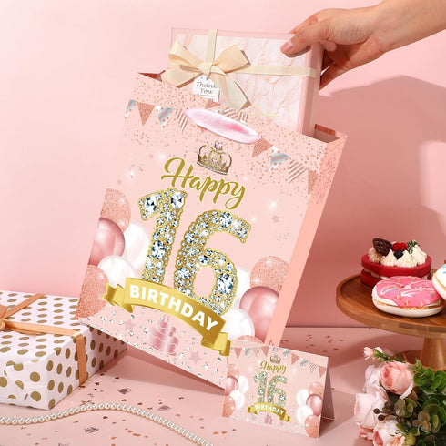 Yoirrat 16th 16th 16th 16th Rose Gold Sweet Birthday Gift Bag for Girls Pink Happy Birthday Gift Bag with Happy