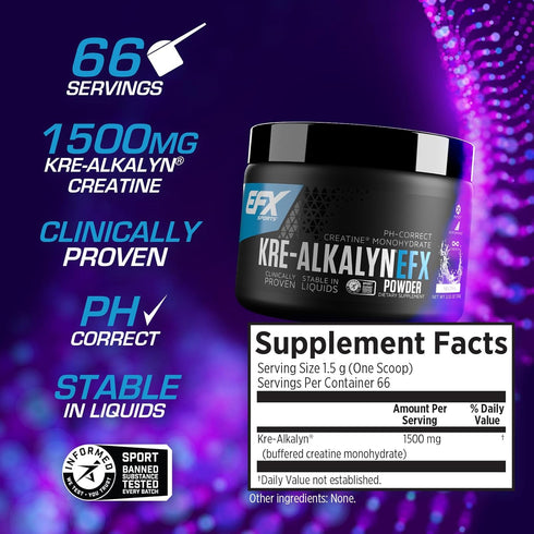 EFX Sports Kre-Alkalyn EFX Powder | pH Correct Creatine Monohydrate Supplement | 66 Servings (Unflavored)