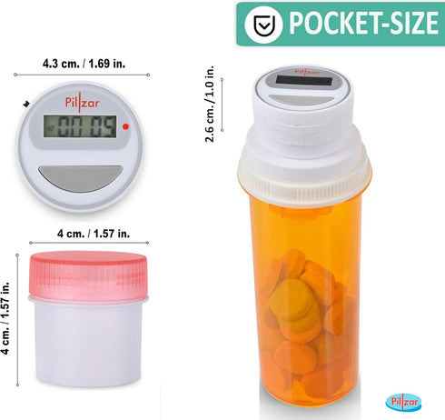 Portable Pill Organizer Dispenser with Timer Cap for Medication, Supplements and Vitamins. Perfect for Travel or Home