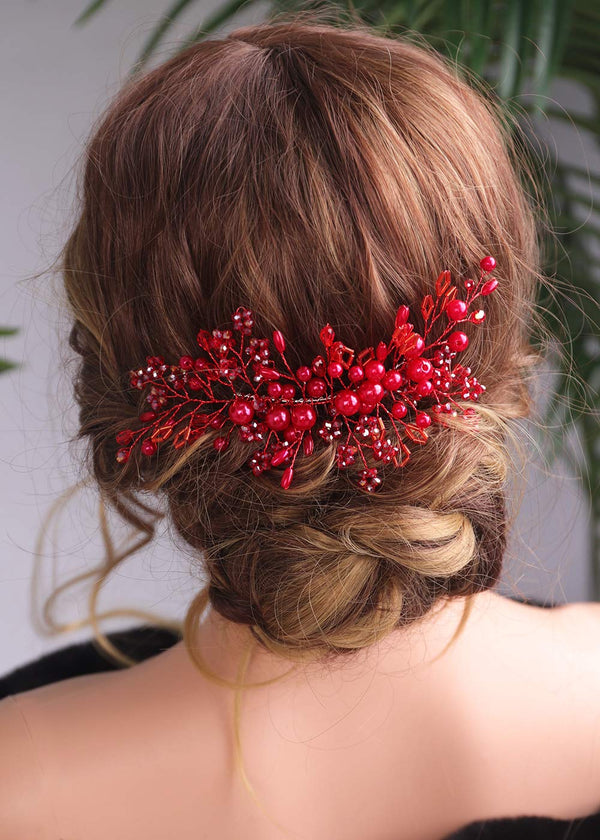 Kercisbeauty Red Crystal Beads Hair Comb - Wedding Bridal Boho Slide Comb for Brides and Bridesmaids