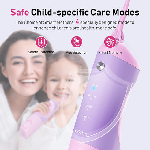 COSLUS Kids Water Dental Flosser, Deep Cleaning Picks, Portable, 4 Modes for Ages 6+, Waterproof Rechargeable with 4