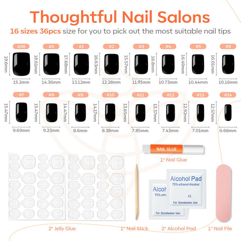 Modelones 32Pcs Black Press on Nails, Upgrade Short Square Fake Nails, Reusable Nail Kit with Glue and Mini File