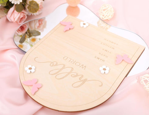 TERJIO Hello World Newborn Sign - Baby Announcement Sign for Baby Showers, Pink Butterfly Newborn Birth Announcement