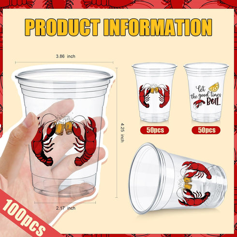 Havawish 100 12 oz Summer Pcs Crawfish Cups Bulk, Clear Plastic Tumblers, Birthday Party Cups for Crawfish Boil