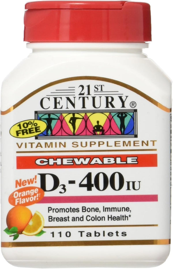 21st Century D3 Chewable - Orange Flavor, 400 IU - 110 Chewable Tablets for Daily Vitamin D Support.