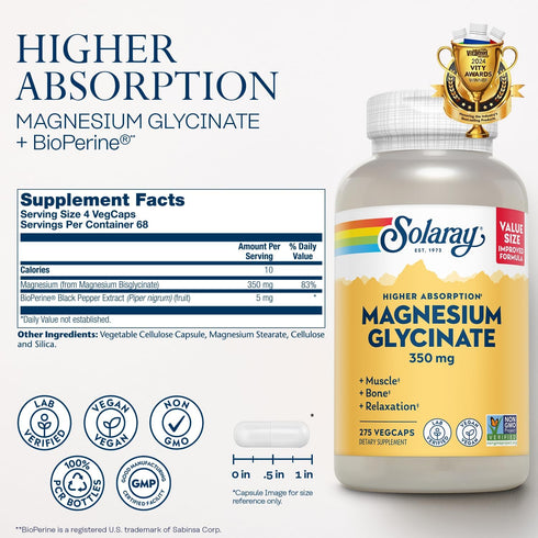 SOLARAY Magnesium Glycinate Capsules, Chelated Magnesium Supplement for Bones, Muscles, Heart Support, Vegan, 275 Count