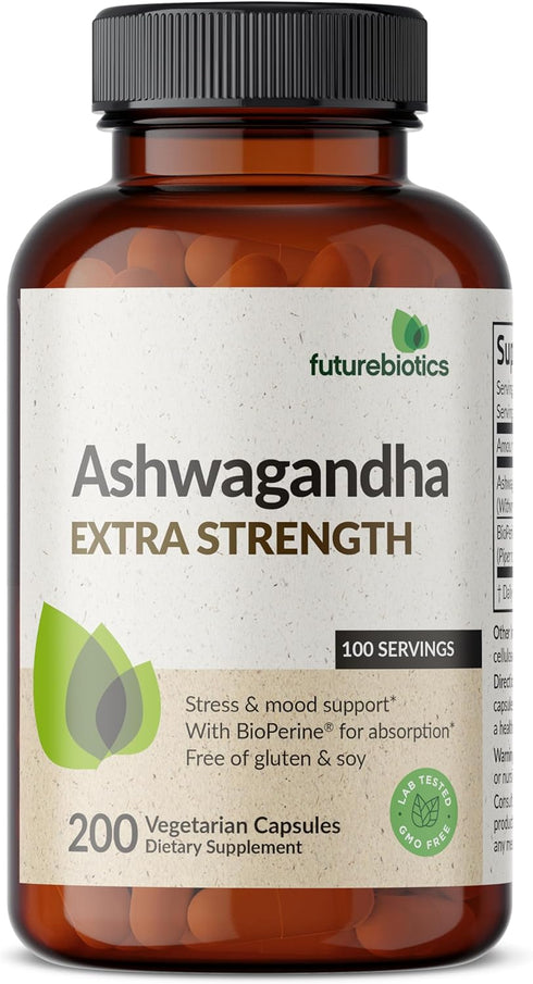 Futurebiotics Ashwagandha Extra Strength - 200 Vegetarian Capsules, Stress & Mood Support with BioPerine, Non-GMO