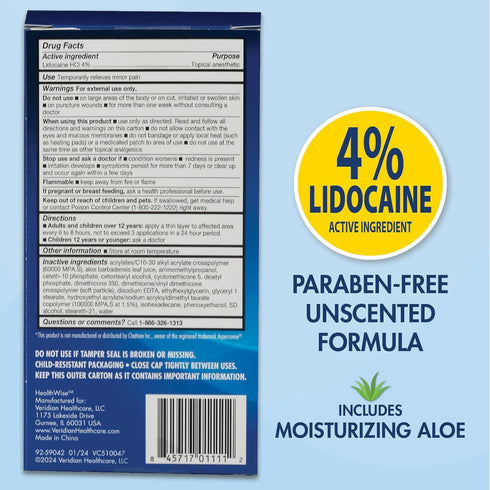 HealthWise 4% Lidocaine Roll-On, OTC Strength Pain Relief Liquid, 2.5 oz. 73 mL, Non-Greasy, Unscented